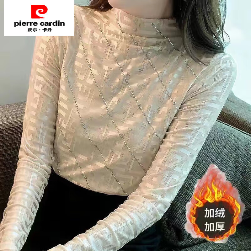 Pierre Cardin Internet celebrity half turtleneck bottoming shirt for women in autumn and winter new fashion printed hot diamond slim fit versatile top trendy Champagne apricot spring and autumn thin section 2XL recommended 130-140 pounds