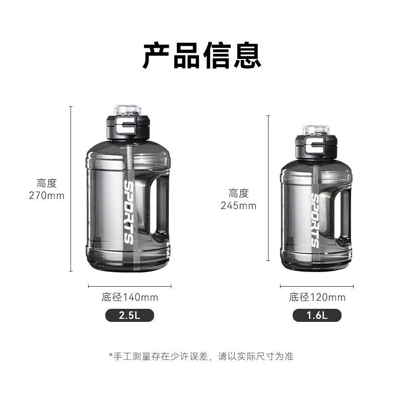 Tokyo-made ton bucket sports water cup Tritan super large capacity kettle fitness straw big belly cup 2500mL black