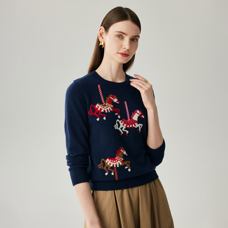 Zhaojun 2025 Autumn and Winter New Round Neck 100% Cashmere Sweater Women's Carousel Sweater Age Reduction Base Sweater Dark Blue XL
