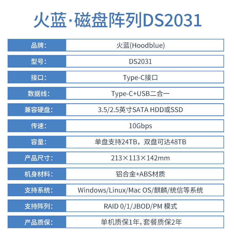 Hoodblue DS2031 dual-bay disk array cabinet RAID hard disk box USB3.1 hard disk array memory 10Gbps high-speed transmission hard disk box DS2031-8TB