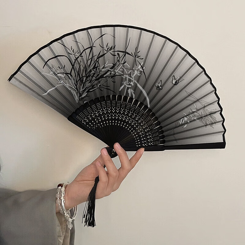 Wilkie fan ancient style folding fan dance fan cyan cheongsam fan high-end exquisite classical Chinese style folding fan orchid fan ancient style ink folding fan