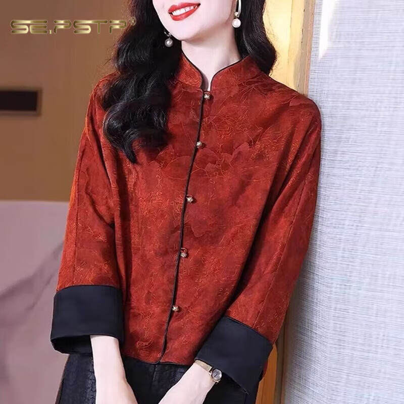 Xia Dian Suding Queen (SE.PSTP) Chinese style modified fragrant cloud yarn short coat 2025 spring and autumn new national style retro stand collar jacquard mother's wear top Orange Red XL 120-145 catties