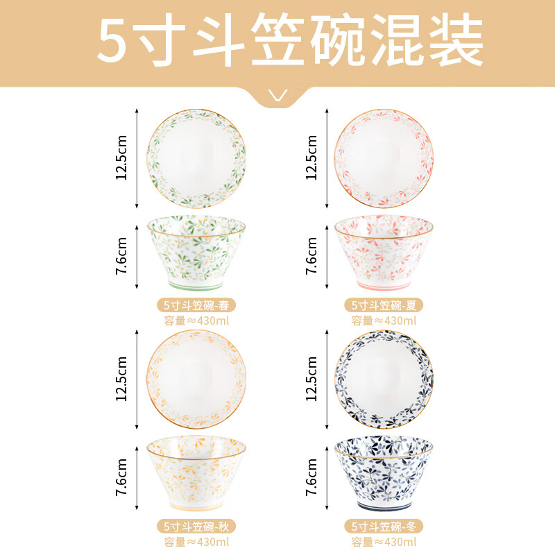 Aomeiyou bamboo hat bowl household 2025 new ceramic rice bowl 5-inch rice bowl tall bowl underglaze color 4 pack