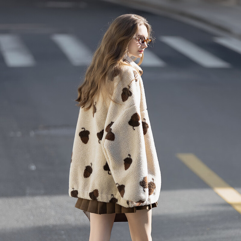 TonLion 2025 Autumn and Winter Women's Stand Collar Fully Printed Hand-Length Imitation Lamb Hair Jacket