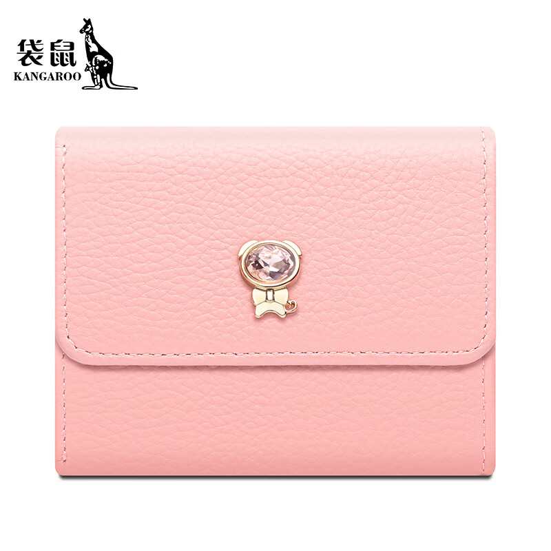 Kangaroo new women's wallet genuine leather new first-layer cowhide short wallet pink three-fold zodiac wallet card holder in one pink-dog