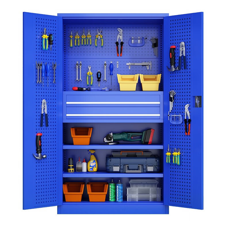 Baigang heavy-duty tool cabinet multi-functional storage cabinet auto repair tool accessories storage cabinet workshop storage cabinet with mesh plate blue with mesh two drawers BG-GJ-1150