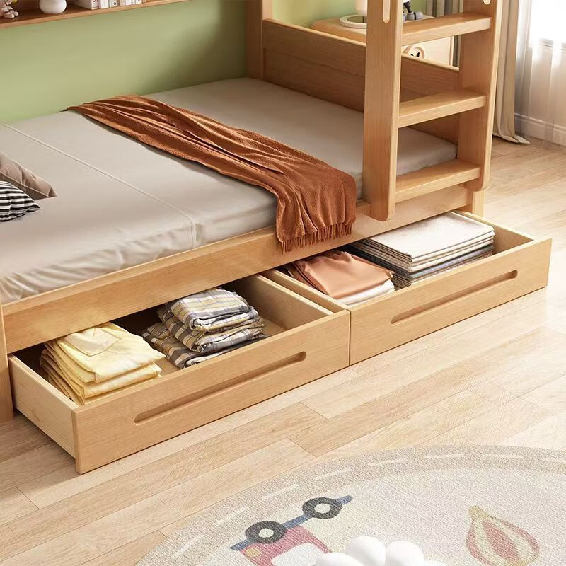 Ou Xufeng's 2026 new beech bunk bed, solid wood bunk bed, high and low small apartment bed, double bed, bunk bed, beech ladder bed + drawer + solid wood bookshelf + free mattress (upper and lower * same width) 1.5 meters wide * 2.0 meters long