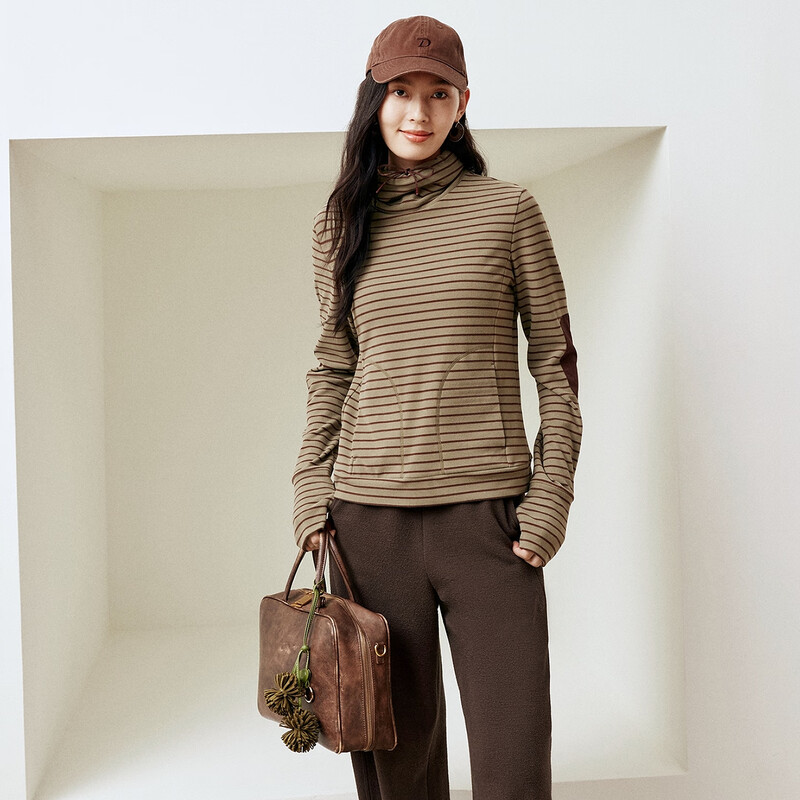 FIRSTSTATION FS Fashion High Collar Striped Slim Long Sleeve Bottoming Shirt Women's 25 Winter New Style 5521A Green M