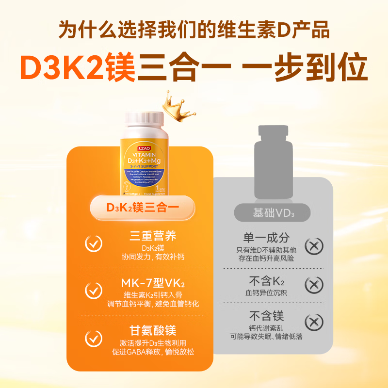 J.ZAO Beijing Tokyo Made Vitamin D3K2 Magnesium Three-in-One 180 Capsules Vitamin D Magnesium Glycinate Calcium Supplement for Pregnancy for Adults