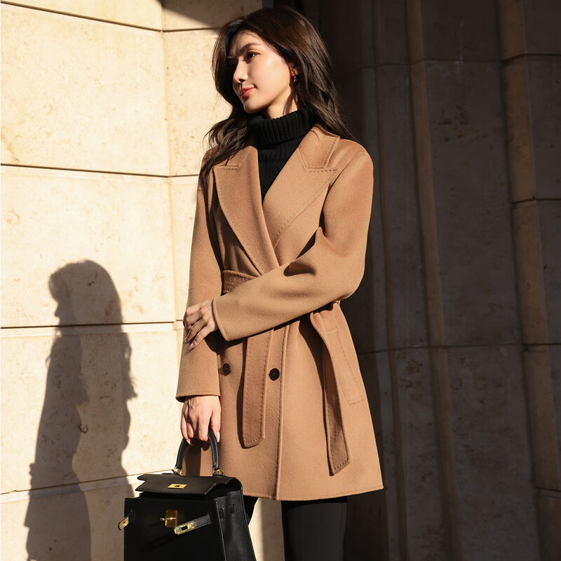 Yuerong 2025 new style gun lapel double-breasted double-sided cashmere coat for women, fashionable and versatile slim wool double-sided woolen coat, camel M (105-115 catties)