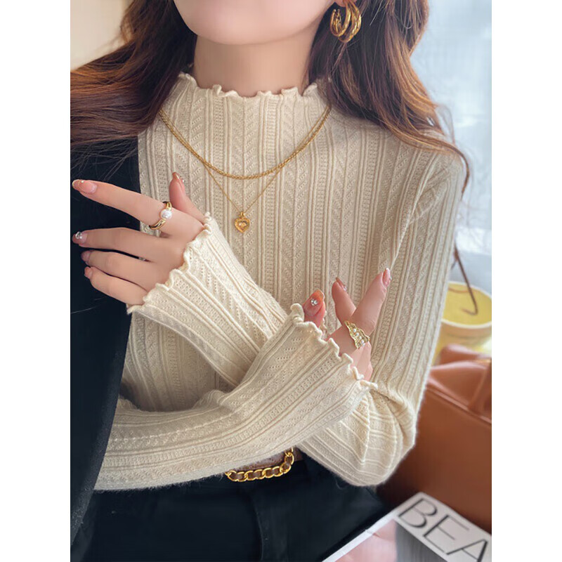 Xinnan autumn and winter style is gentle and versatile, fashionable for outer wear and inner wear, new half-high collar, fungus edge knitted long-sleeved student student, apricot color bottoming shirt, one size fits all, 90-130 pounds