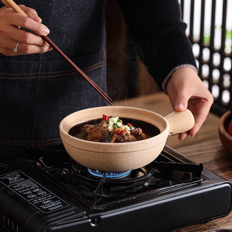 Cantonese-style claypot casserole, commercial high-temperature resistant, dry-cooked, non-cracking, traditional old-fashioned single-handled clay pot, special small casserole, dry-cooked, non-cracking, long-handled casserole - with lid 1000ml