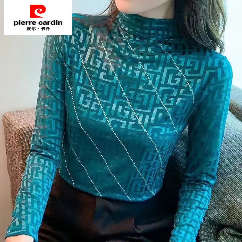 Pierre Cardin Internet celebrity half turtleneck bottoming shirt for women in autumn and winter new fashion printed hot diamond slim fit versatile top trendy Champagne apricot spring and autumn thin section 2XL recommended 130-140 pounds