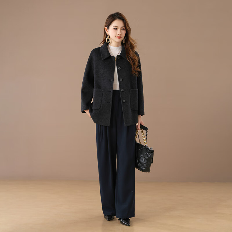 Qianbainian 100% sheep wool double-sided woolen coat for women autumn and winter new style small lapel single-breasted mid-length coat carbon black M