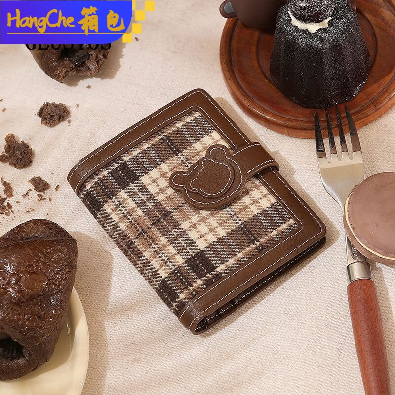 Ye Yu's new original cute Mao Ni Bear Wallet 2025 Autumn Plaid Short Lightweight Card Holder Wallet Large Capacity Women Houndstooth Black Regular Style