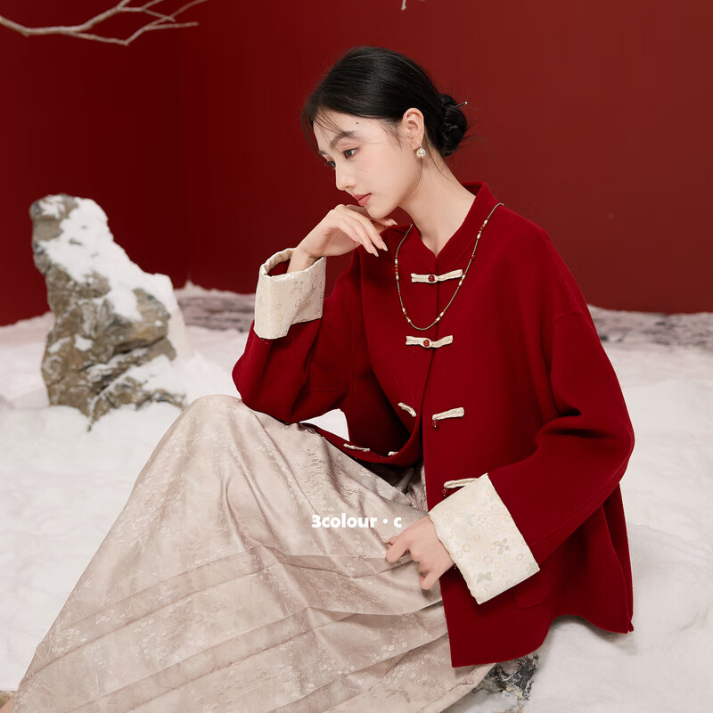 Tricolor Red Plum Yingxue 2025 Winter New Sheep Wool Double-sided Wool Coat Loose Short C Cherry Red S 155/80A