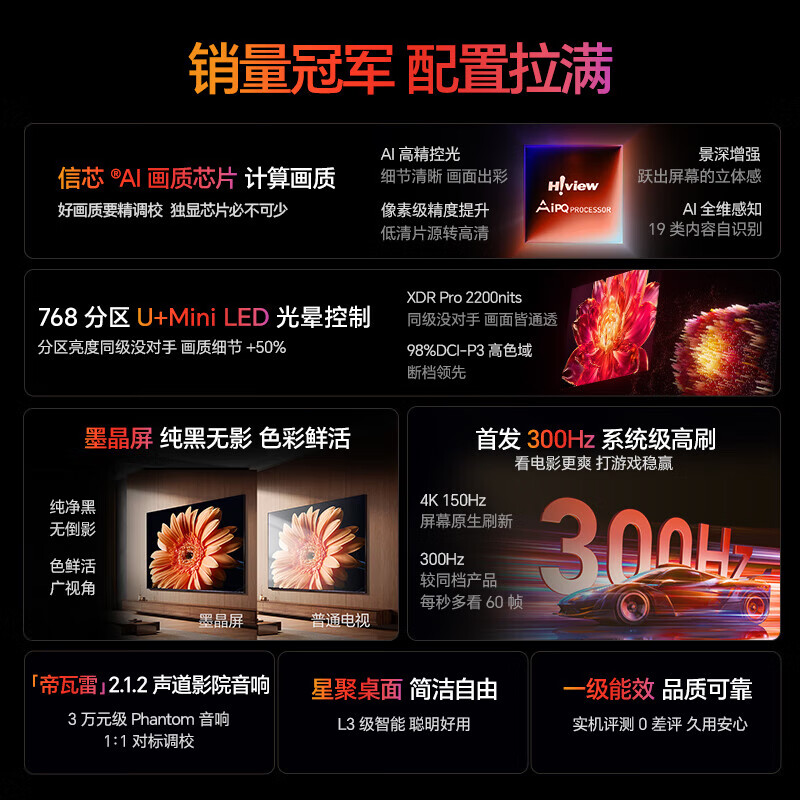 Hisense TV Xiaomo 75E5Q Pro 75-inch TV 768 partition U+MiniLED Xinxin chip anti-reflective anti-glare ink crystal screen 300Hz 75-inch
