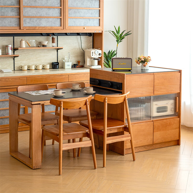 His Highness's Nordic solid wood island dining table Japanese style telescopic integrated cherry wood small apartment bar slate storage sideboard