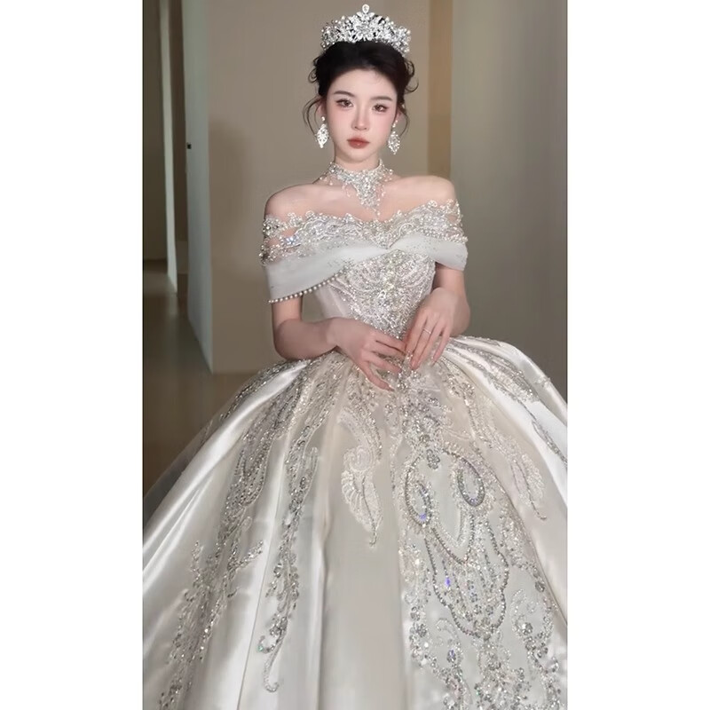 Rich collar French wedding dress bridal main yarn one-shoulder fugitive princess 2025 new textured dress satin style trailing three-piece set L