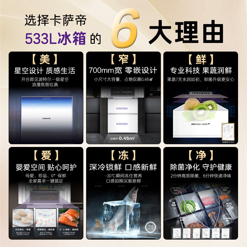 Casarte Languang 533L French multi-door refrigerator zero-embedded dual system active sterilization cell-level freshness first-class energy efficiency BCD-533WGCFDM4WKU1 national subsidy