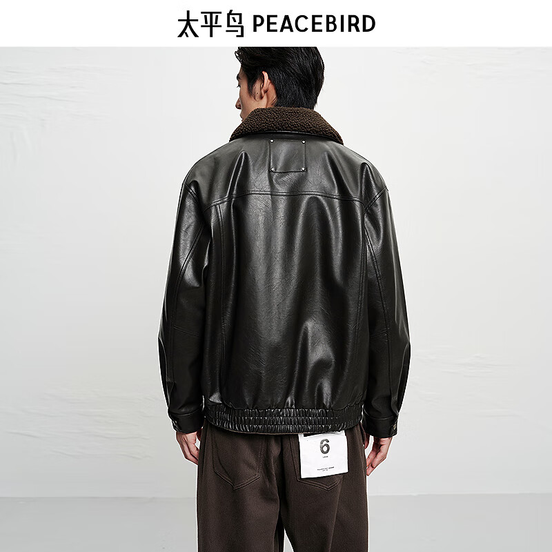 PEACEBIRD Men's Fur Collar PU Leather Jacket 25 Winter New Thick Warm Leather Jacket# Brown First Batch L