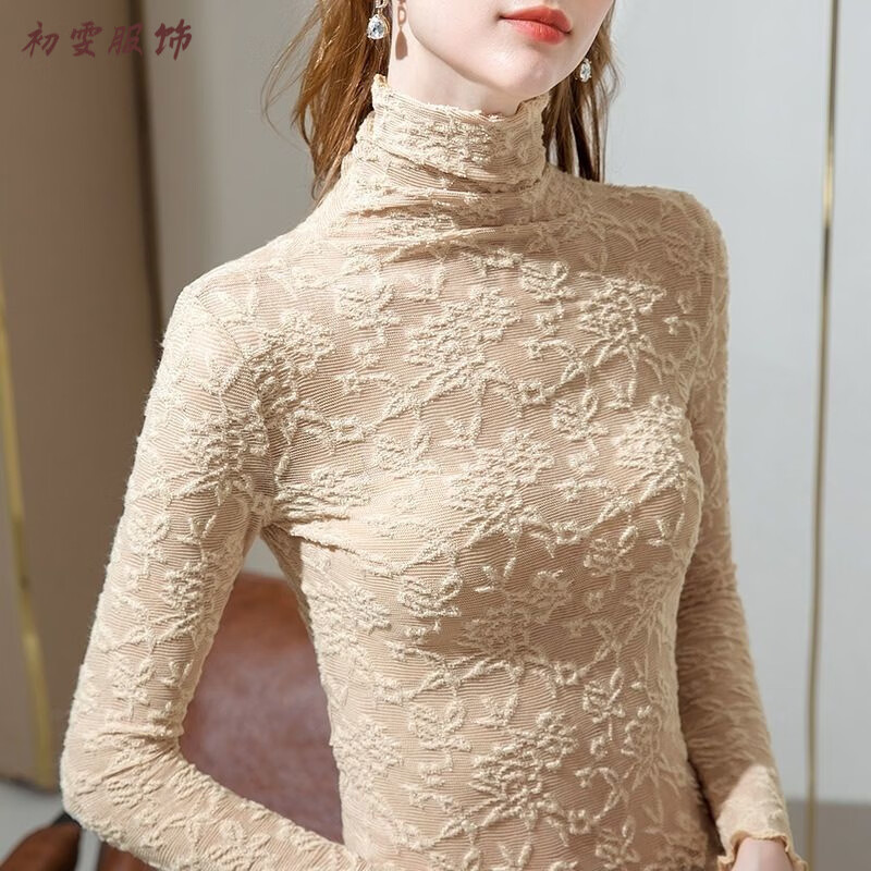 Mei'anjia Autumn and Winter New Fashionable and Western-style Turtleneck Bottoming Shirt for Women with Tight Lace Top, Versatile Long-sleeved T-shirt, Gray Green, Thin Section XL