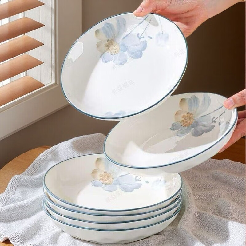 Taixige New High-Looking Exquisite Underglaze Colored Ceramic Tableware Anti-scalding Internet Celebrity Rice Bowl Dinner Plate Thickened New Ceramic Tableware Ningxiang Series Underglaze Colored Ceramic Tableware 6.5-inch Round Plate 10 Pack