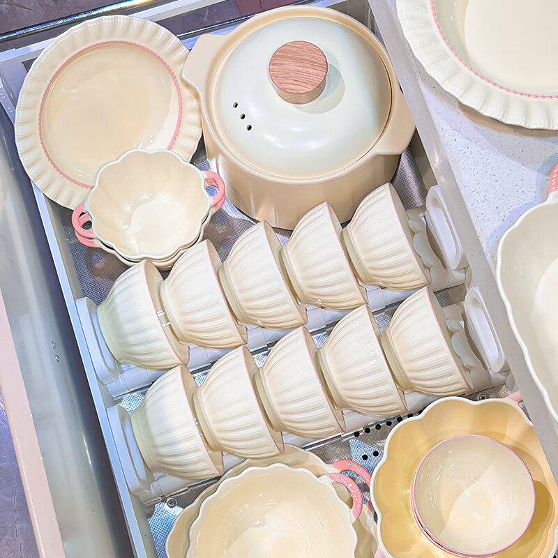 Lowe dish set for home use 2025 new high-looking bowls, chopsticks and plates cream style tableware set wedding gift recommended by the store manager Fendai 32-piece set for 6 people