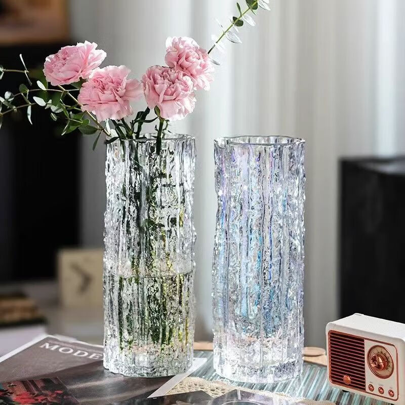 Vase with high appearance, glacier light luxury and high-end decoration, living room flower arrangement, fresh flowers, creative decoration, transparent water culture, 1 black tree pattern glass vase + foam box packaging