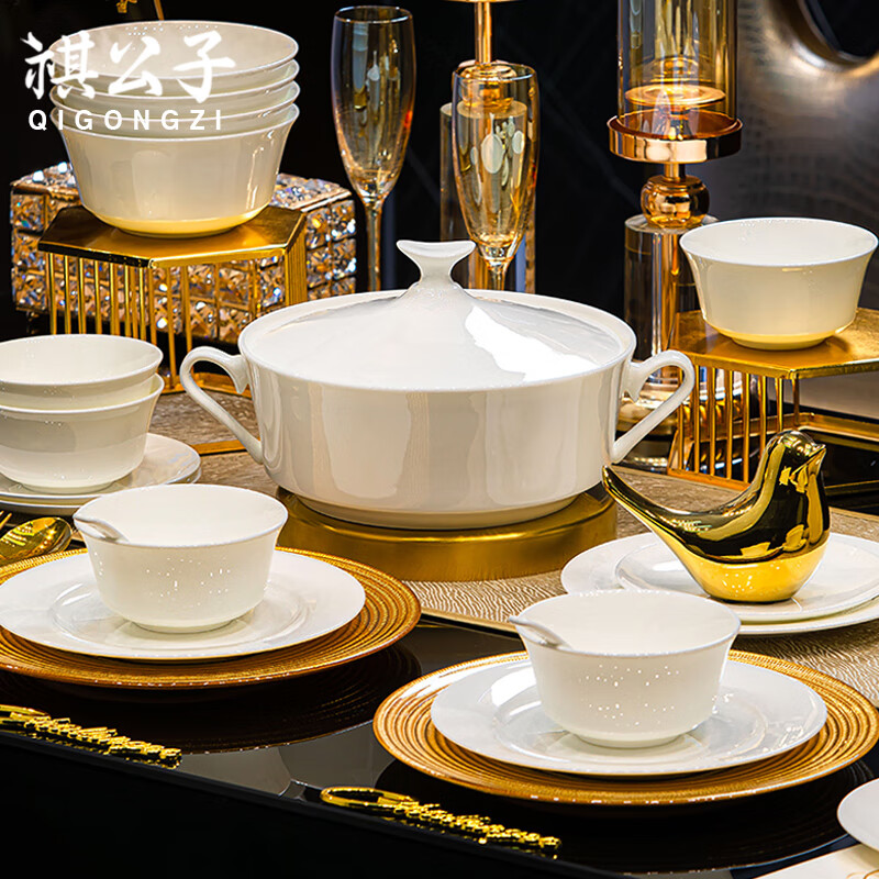 Qi Gongzi Jingdezhen bowl set high-end pure white underglaze color bone china tableware household dish set housewarming plates bowls and chopsticks 60 pieces with good luck pot microwave and dishwasher