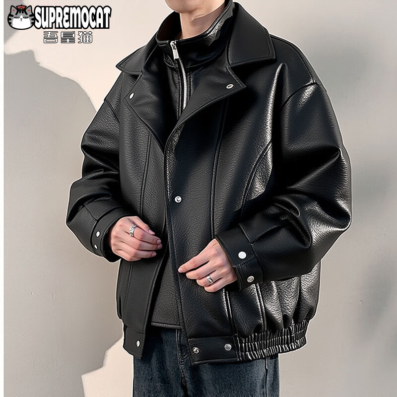 My Emperor Cat Autumn and Winter American New Style Retro PU Leather Lapel Casual Jacket Men's Fake Two-piece Jacket WJ13 Black 2XL
