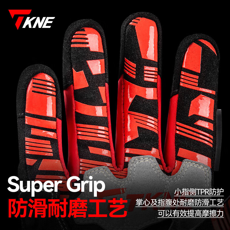 TKNE winter motorcycle riding gloves anti-fall, warm and waterproof red carbon fiber + waterproof and warm L