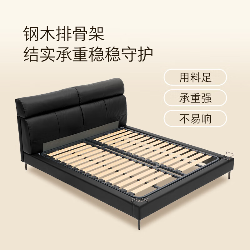 Gujia Home Light Luxury Style Leather Bed Napa Semi Green Leather Master Bedroom Double Bed 1.8m x 2m 021 Napa Phantom Black