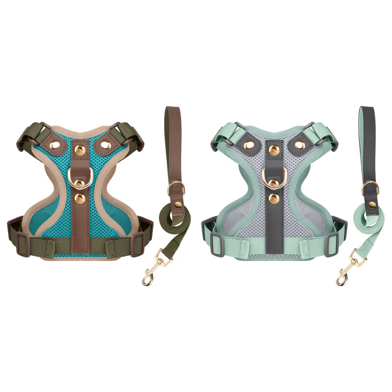 Pet Xiaoman super cool cat and dog harness traction rope set small and medium-sized dog walking cat and dog rope rivets light luxury Lake Forest Green L
