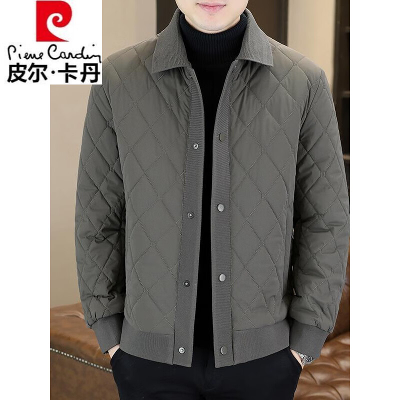 Pierre Cardin 2025 Plaid Cotton Jacket Men's Winter New Thin Warm Lapel Cotton Jacket Fashion Casual Cotton Jacket Gray 2XL 135-150 catties