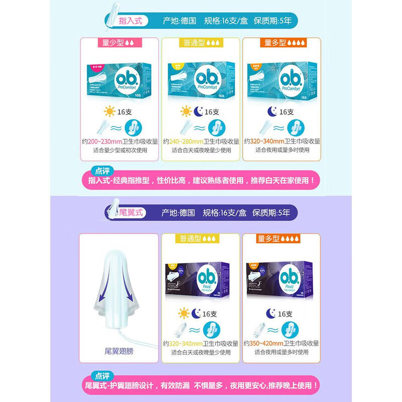 O.b. German imported Johnson & Johnson tampons with inner tail finger inserts, regular quantity, multi-type, night-use, leak-proof menstrual tampons, small quantity, 16 pieces
