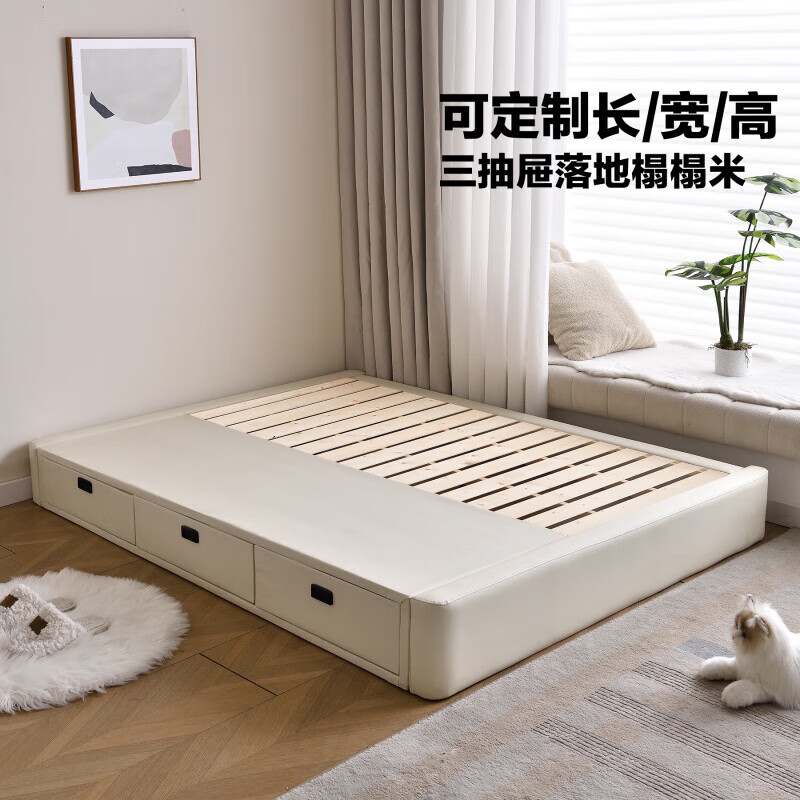 He Jiagong's tatami bed without bedside can be customized with storage and can be customized to any size with drawers, air pressure high box platform bed, floor-standing three-pull tatami densely paved breathable bed board 1000mm*1900mm x three-pull structure