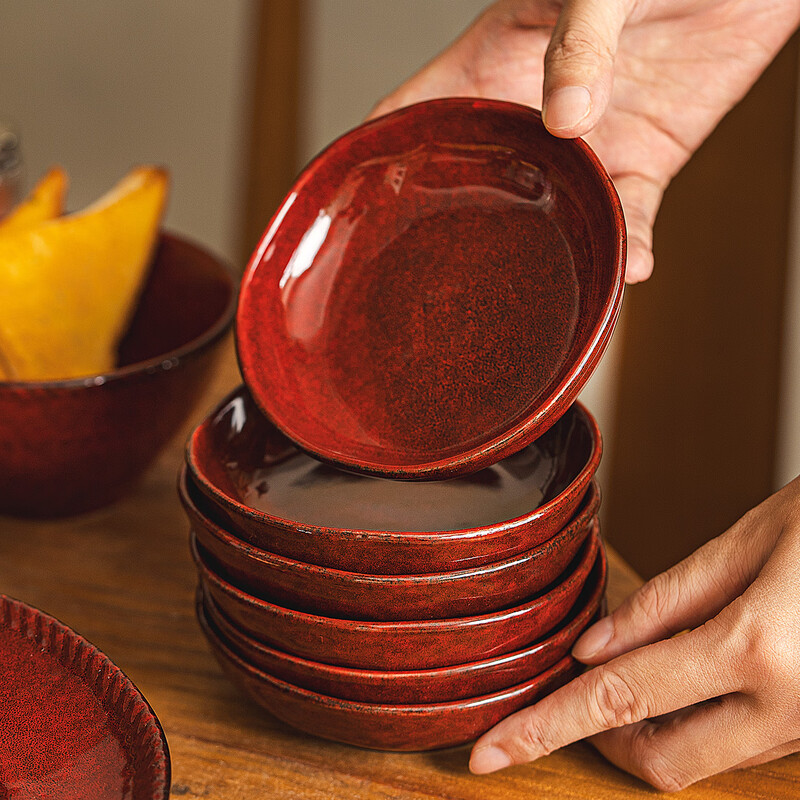 DearDali kiln-turned underglaze color ceramic plates and dishes, household new dishes and tableware sets, high-end light luxury dishes and plates, retro kiln-turned red series - standard for six people