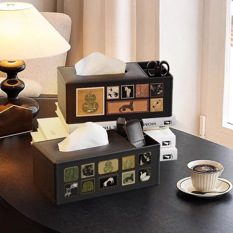 FAJIENUO tissue box storage medium antique style leather creative living room light luxury high-end tissue box Huazui Jinyin (large size)