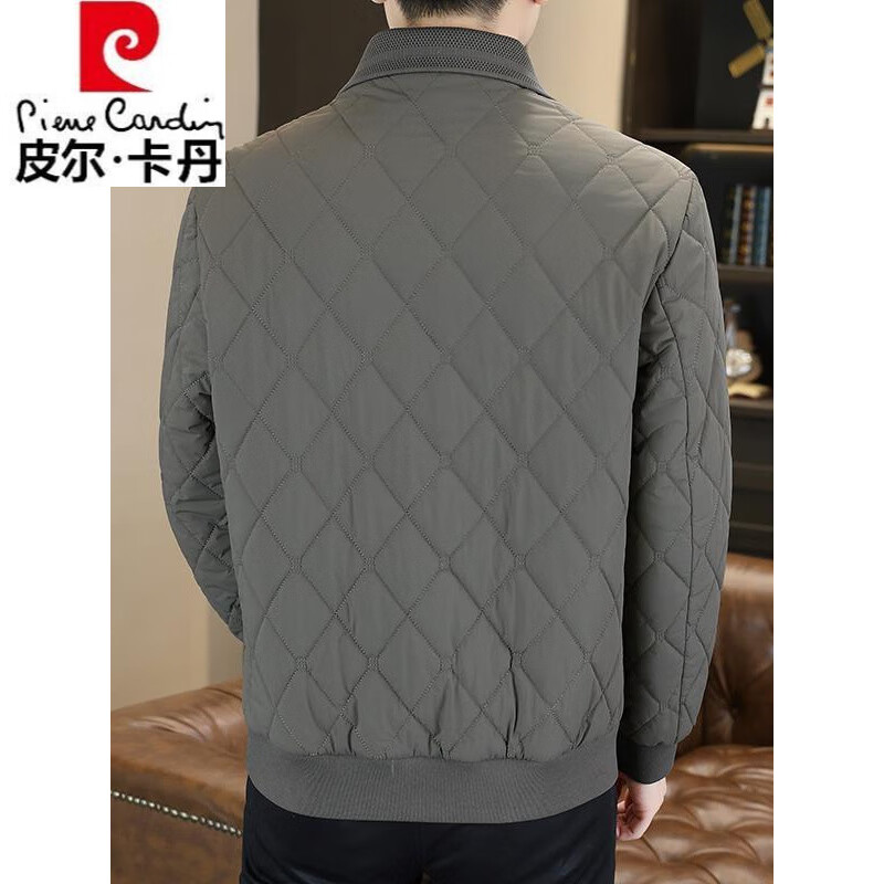 Pierre Cardin 2025 Plaid Cotton Jacket Men's Winter New Thin Warm Lapel Cotton Jacket Fashion Casual Cotton Jacket Gray 2XL 135-150 catties