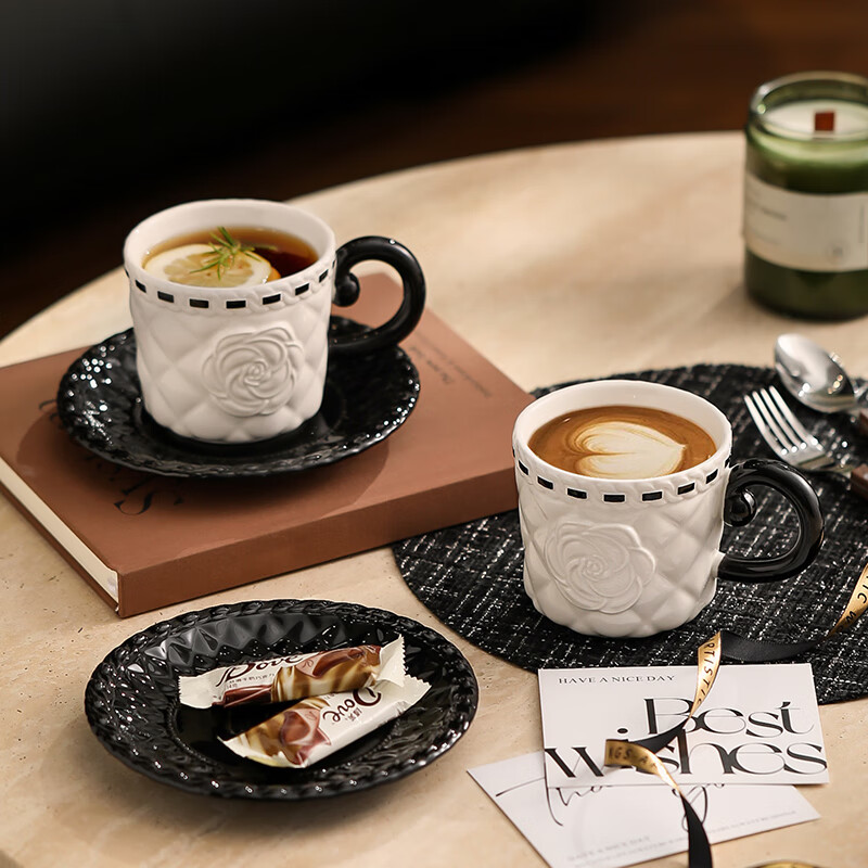 Romance Days small fragrant style coffee cup set, light luxury high-end ceramic cup and saucer gift box, wedding gift for best friend, gift for newlyweds, small fragrant style pair of cup and saucer set, textured white gift box, gift bag