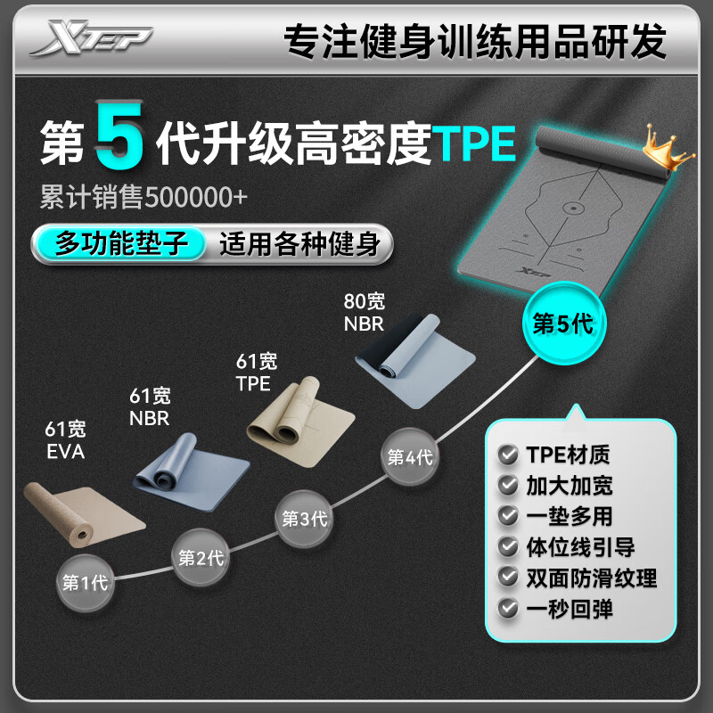 XTEP yoga mat for men's fitness women's home thickening and anti-slip professional TPE shock-absorbing aerobics soundproof training mat