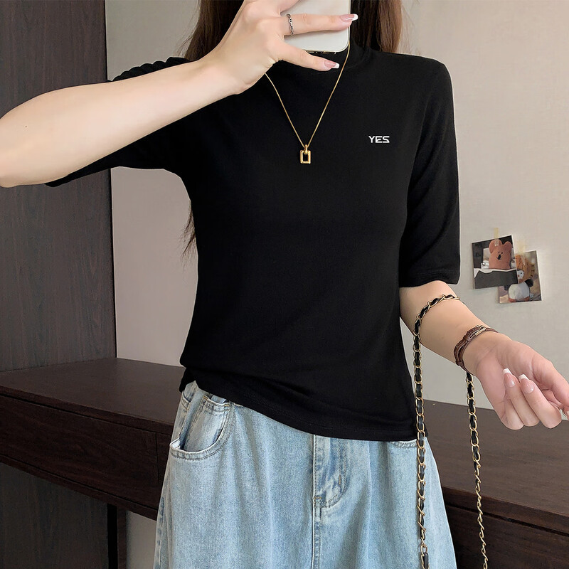 Yiershuang high-end early autumn new style stand-up collar women's inner wear mid-sleeve tops shoulder T-shirt temperament solid color bottoming shirt