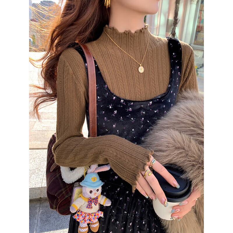 Xinnan autumn and winter style is gentle and versatile, fashionable for outer wear and inner wear, new half-high collar, fungus edge knitted long-sleeved student student, apricot color bottoming shirt, one size fits all, 90-130 pounds