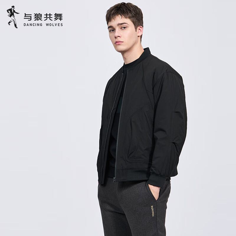 Dances with Wolves Quilted Aviator Baseball Collar Jacket Men's 2025 Autumn and Winter New Workwear Warm Casual Jacket 1076 Black 001 M (170)