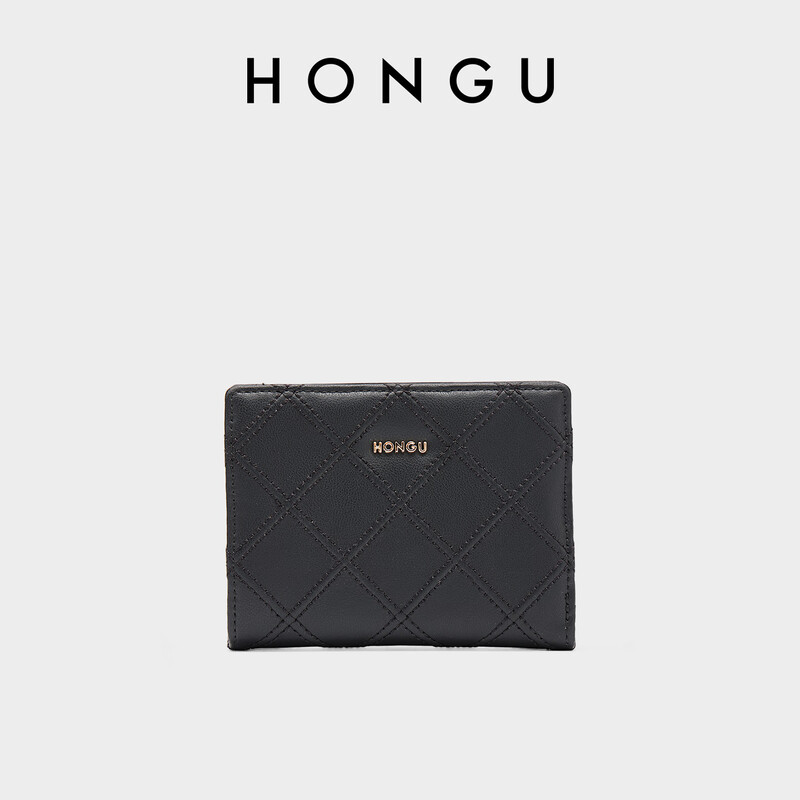 Honggu Bag Wallet New Cowhide Wallet Women's Short Wallet Fashion Diamond Coin Purse Wallet Women's New Year Gift Black