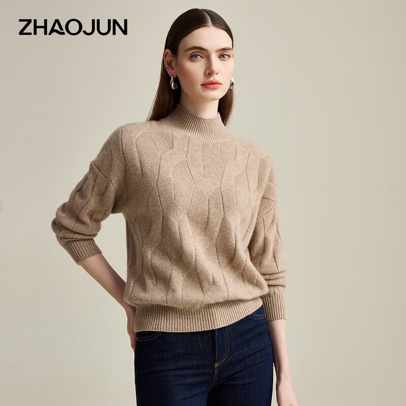 Zhaojun Autumn and Winter Solid Color Cashmere Sweater Women's Half Turtle Collar Drop Sleeve Warm Knitted Sweater Camel XL