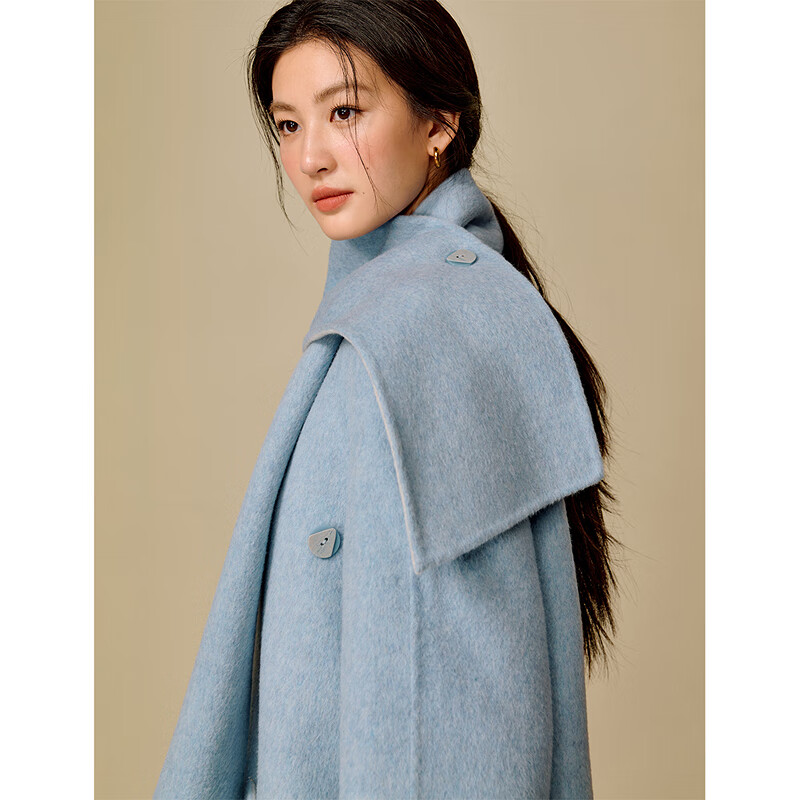 Inman Irregular Scarf Collar Double-sided Woolen Coat 2025 Winter Women's New Woolen Coat Sky Blue S