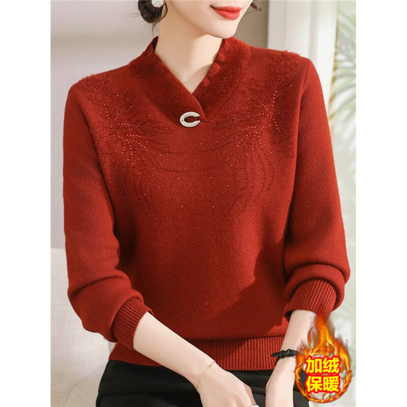 Pierre Cardin mother's winter velvet sweater all-in-one velvet bottoming shirt for middle-aged and elderly plus size women autumn and winter new thickened inner top burgundy XL (recommended 110-125 pounds)