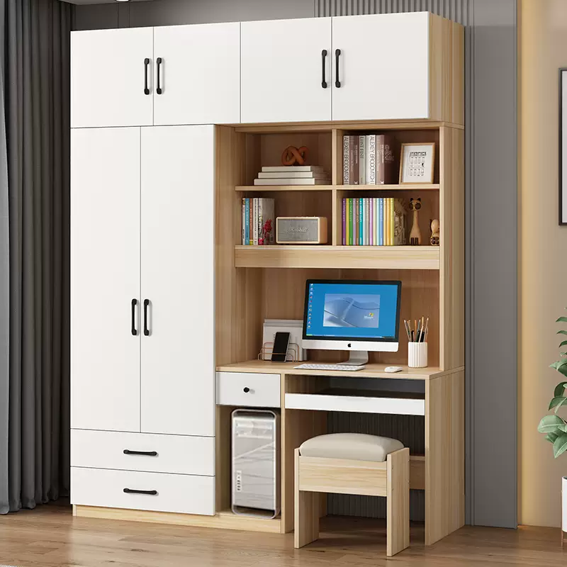 Yusenyi computer desk with student simple cabinet one-piece combined bookshelf wardrobe children's all-in-one bedroom desk desktop desk 1.2 single door-desk comes with stool assembly + 2 doors